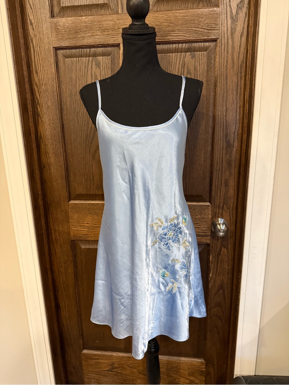 Oscar de la Renta Blue Satin Chemise Slip Dress Floral Embroidery Medium Vintage